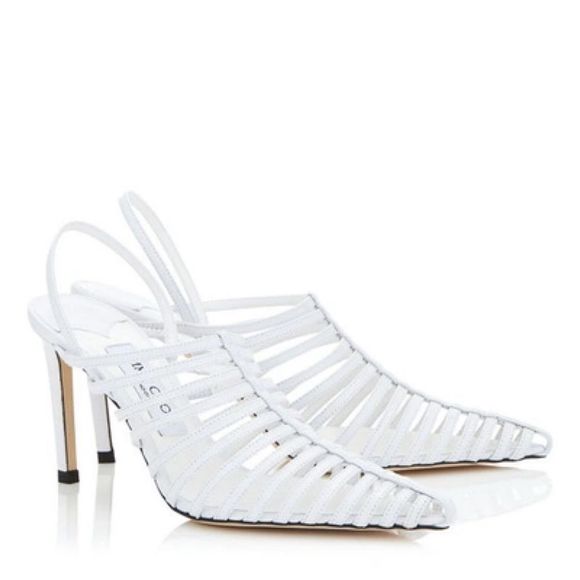 Jimmy Choo Thu 85 White Nappa Leather Sling Back Heels with Horizontal Straps​